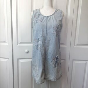 100% Cotton Vintage 90s Light Denim Mini Spring Summer Dress Floral Cottagecore